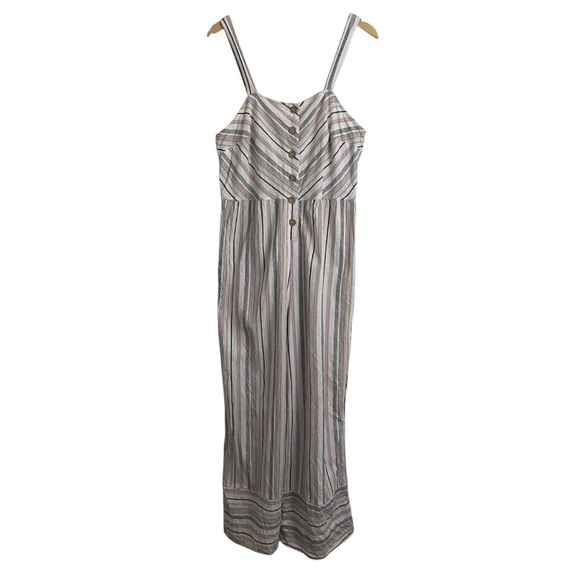 Universal Thread Linen Blend Jumpsuit Neutral Stripes Wide Leg Sz L Boho - Picture 1 of 10